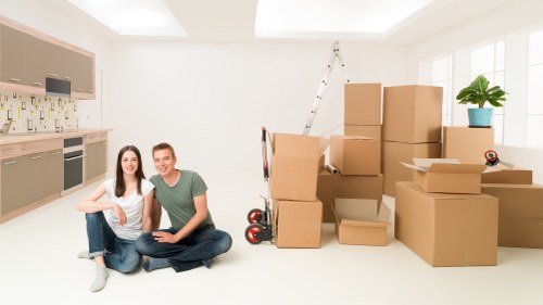 Packed boxes and furniture ready for a student move in Putney