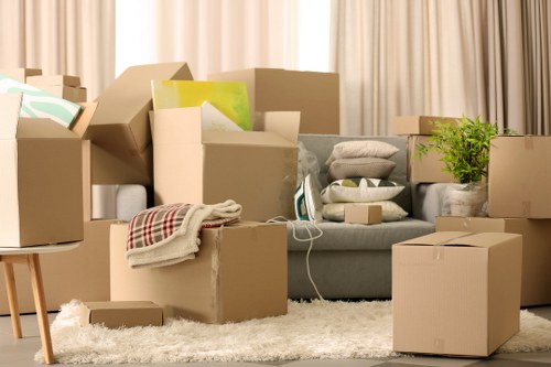 Packed boxes and furniture prepared for removals in Putney